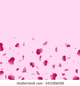 Heart falling confetti isolated pink background. Red fall hearts. Valentine day decoration. Love element design, hearts-shape confetti invitation wedding card, romantic holiday Vector illustration