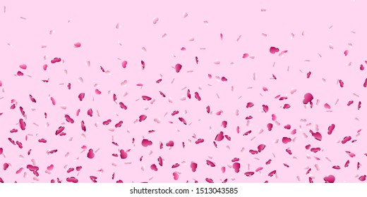 Heart falling confetti isolated pink background. Red fall hearts. Valentine day decoration. Love element design, hearts-shape confetti invitation wedding card, romantic holiday Vector illustration
