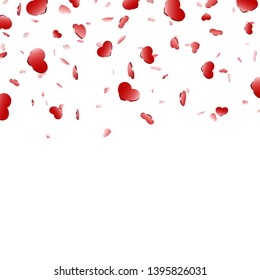 Heart falling confetti isolated white background. Red fall hearts. Valentine day decoration. Love element design, hearts-shape confetti invitation wedding card, romantic holiday Vector illustration