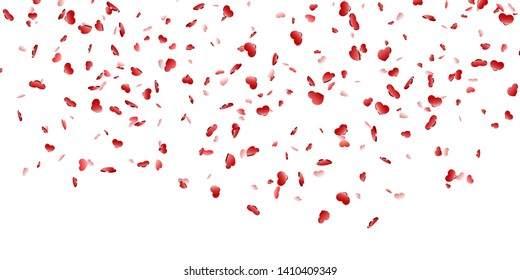 Heart falling confetti isolated white background. Red fall hearts. Valentine day decoration. Love element design, hearts-shape confetti invitation wedding card, romantic holiday Vector illustration