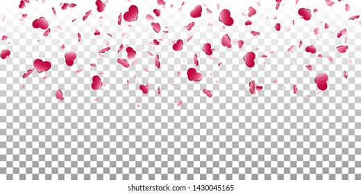 Heart falling confetti isolated white transparent background. Pink fall hearts. Valentine day decoration. Love element design, hearts-shape confetti wedding card, romantic holiday Vector illustration