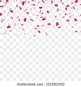 Heart falling confetti isolated white transparent background. Pink fall hearts. Valentine day decoration. Love element design, hearts-shape confetti wedding card, romantic holiday Vector illustration