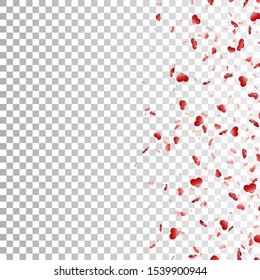 Heart falling confetti isolated white transparent background. Red fall hearts. Valentine day decoration. Love element design, hearts-shape confetti wedding card, romantic holiday Vector illustration