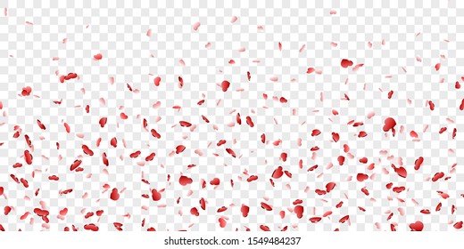 Heart falling confetti isolated white transparent background. Red fall hearts. Valentine day decoration. Love element design, hearts-shape confetti wedding card, romantic holiday Vector illustration