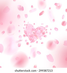 The heart with falling flower petals blossom. Romantic vector illustration.