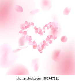 The heart with falling flower petals blossom. Romantic vector illustration.