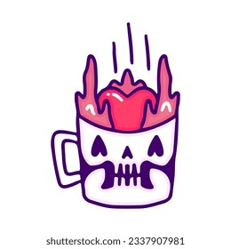 Heart falling into skull mug, illustration for t-shirt, sticker, or apparel merchandise. With doodle, retro, and cartoon style.