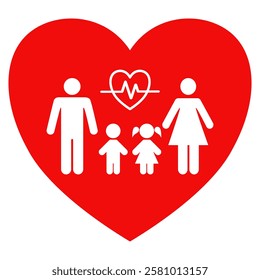 Heart with family health care symbol. Heartbeat line icon. Flat style vector illustration isolated design.