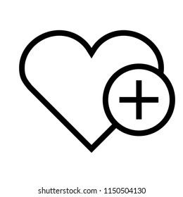 Heart. Favorite icon with a plus symbol. Suitable for all devices, SEO, SMM, UX. Pixel precise design. Perfect for use in presentations, analytical reports, branding. Use it on any surface