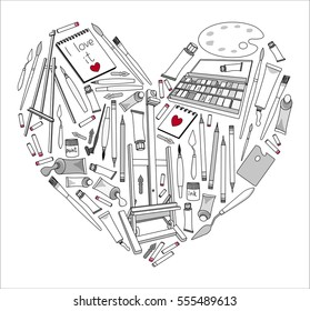 The heart of the favorite tools for creativity. Easel, paints, brushes, pencils, palette, pen, notepads, and crayons.