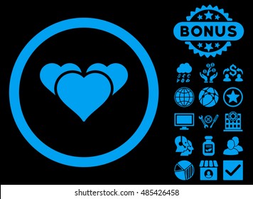 Heart Favourites icon with bonus elements. Vector illustration style is flat iconic symbols, blue color, black background.