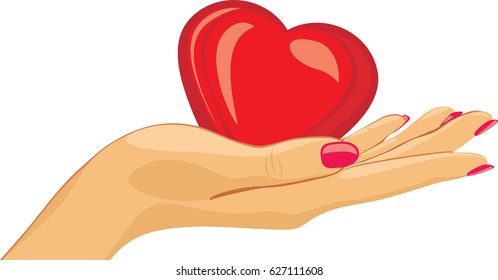 Heart in the female palm. Vector