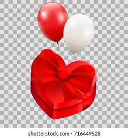 Heart. Festive Gift Packaging, Box. Red Bow. Vector illustration. Flying Realistic Glossy Colorful Balloons with Party and Celebration concept.