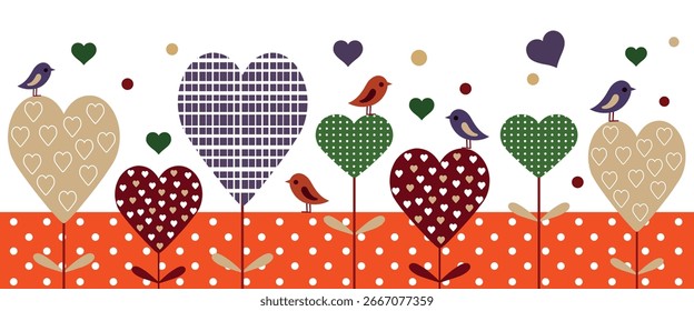 Heart field design background with birds. love, hearts shapes on field vector illustration.