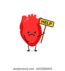 Heart figure shows emotion with a sad face and help sign, conveying a strong message.