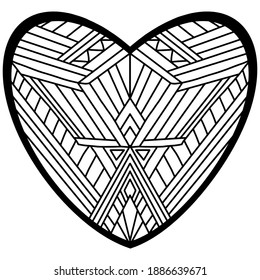 heart with figures and linear ornaments drawn on a white background for coloring, vector, coloring book, valentine day