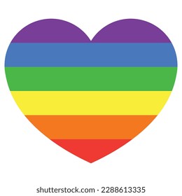 Heart, fill with horizontal lines rainbow colors. Flat style simple vector object design icon for pride month, romance, equality, celebration every gender. Graphic design isolated on white.