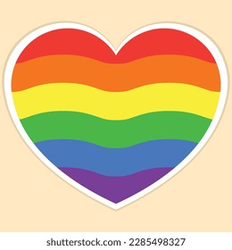 Heart, fill with wavy lines rainbow and LGBTQ+ colors, white outline. Flat style simple vector object design icon for pride month, romance, equality, celebration every gender. Graphic design.