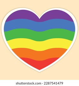 Corazón, lleno de líneas onduladas arco iris y colores LGBTQ+, contorno blanco. Diseño de objetos vectoriales simples de estilo plano para el mes del orgullo, el romance, la igualdad, la celebración de cada género. Diseño gráfico.