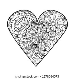 Heart filled with abstract zentangle roses. Adult colouring book page.