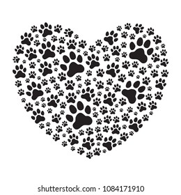 Heart filled with animal's (dog's) paw prints. Love pets. Love animals. Vector illustration.