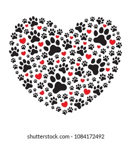 Heart filled with animal's (dog's) paw prints and red hearts. Love pets. Love animals. Vector illustration.