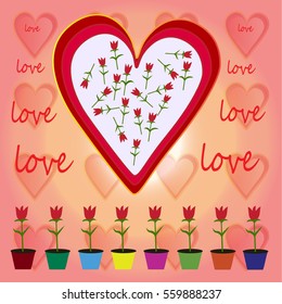 heart filled with flowers on pink background texture, holiday card