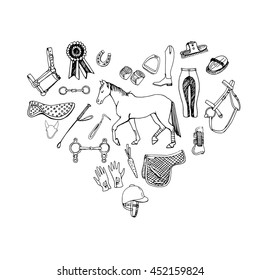 Heart filled with hand drawn doodles of horse back riding equipment.