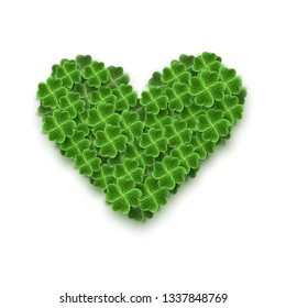 A Heart filled with Realistic Clover leaves for St. Patricks Day holiday. Shamrock grass symbol. Lucky flower for Irish festival. Scottish ornament isolated on white background. Vector illustration