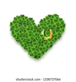 A Heart filled with Realistic Clover leaves, Gold Horseshoe for St. Patricks Day holiday. Shamrock grass symbol. Lucky flower for Irish festival. Scottish decor isolated on white. Vector illustration