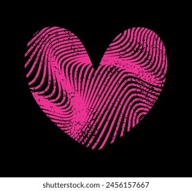 Heart fingerprint trace on black background. Romantic poster with heart digital waves. Romantic tee print