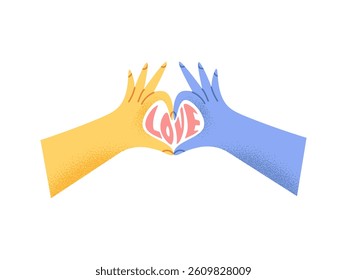 Heart fingers. Fingers of hands folded in shape of heart. Colorful hands with grainy texture and love text. Vector illustration