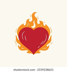 Heart in Fire. Burning Heart Symbol of Love and Passion for Valentine day design. Hand drawn vector illustration.