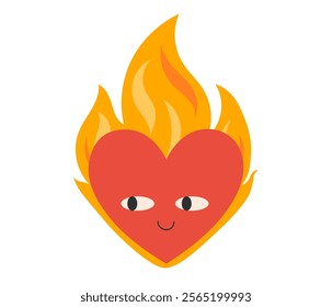 Heart in fire. Heart with flame. Romance, passion and love on fire concept. Romantic symbol. Valentine's day sticker. Flat Vector illustration isolated on white background 