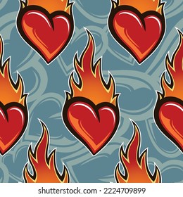 Heart with fire flames seamless pattern design vector art graphic for print, Valentine's day wrapping paper, postcard, wallpaper and textile