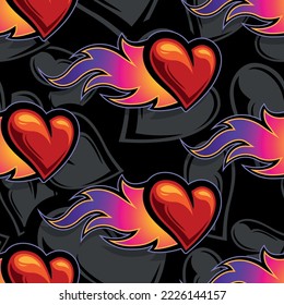 Heart with fire flames seamless pattern design vector art graphic for print, Valentine's day wrapping paper, postcard, wallpaper and textile
