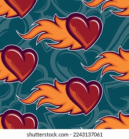 Heart with fire flames seamless pattern design vector art graphic for print, Valentine's day wrapping paper, postcard, textile and wallpaper design.