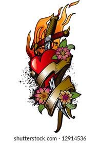 heart, fire and flowers tattoo design