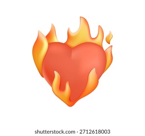 Corazón en fuego icono de tamaño Grande para la sonrisa emoji, Ilustración vectorial de renderizado 3D. Símbolo de los emoticonos, corazón 3D en el emoji del fuego aislado en el fondo blanco