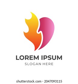 heart fire logo template, love and fire, combination logo with flat red and orange color style