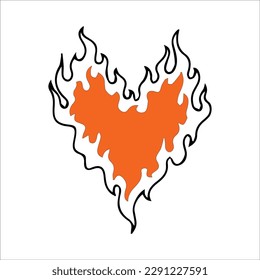 corazón con fuego. Ilustración moderna del vector del corazón del fuego en colores naranja y negro, fuego en forma de corazón