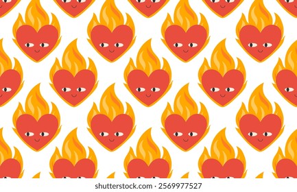 Heart in fire Seamless pattern. Heart with flame. Romance, passion and love on fire concept. Romantic symbol. Valentine's day  background. Flat Vector illustration