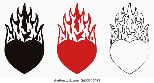 Heart in fire. Set of vector heart with fire isolated transparent background. Tattoo art. Black and red burning heart silhouette. EPS 10