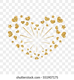 Heart firework gold. Beautiful flat golden firework isolated on transparent background. Bright decoration design Valentine day, romantic love card, wedding celebration, festival Vector illustration