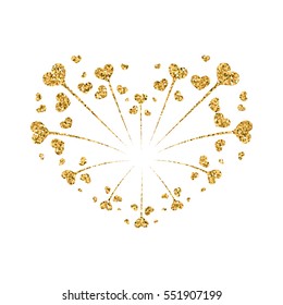 Heart firework gold. Beautiful flat golden firework isolated on white background. Bright decoration design Valentine day, romantic love card, wedding celebration, festival Vector illustration