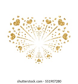 Heart firework gold. Beautiful flat golden firework isolated on white background. Bright decoration design Valentine day, romantic love card, wedding celebration, festival Vector illustration