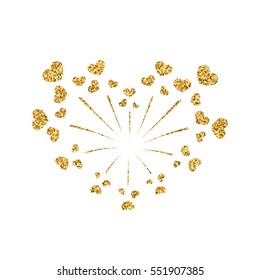 Heart firework gold. Beautiful flat golden firework isolated on white background. Bright decoration design Valentine day, romantic love card, wedding celebration, festival Vector illustration