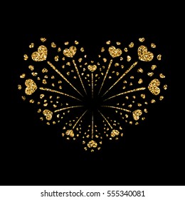 Heart firework gold. Beautiful flat golden firework isolated on black background. Bright decoration design Valentine day, romantic love card, wedding celebration, festival Vector illustration