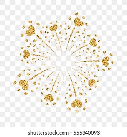 Heart firework gold. Beautiful flat golden firework isolated on transparent background. Bright decoration design Valentine day, romantic love card, wedding celebration, festival Vector illustration