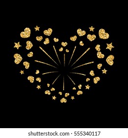 Heart firework gold. Beautiful flat golden firework isolated on black background. Bright decoration design Valentine day, romantic love card, wedding celebration, festival Vector illustration